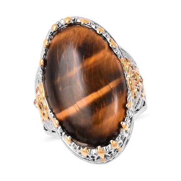 Tiger's Eye and Champagne Austrian Crystal Ring Plated YG & Stainless Steel S-8 - Picture 1 of 3